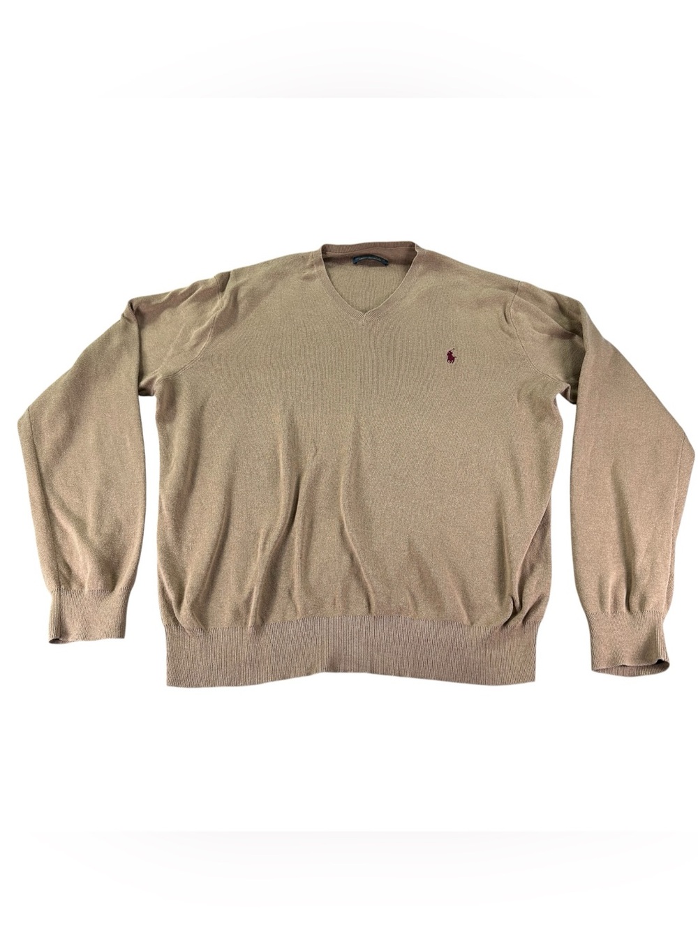 Polo Ralph Lauren Pima Cotton V-Neck Sweater Mens L/XL Tan Burgundy Pony